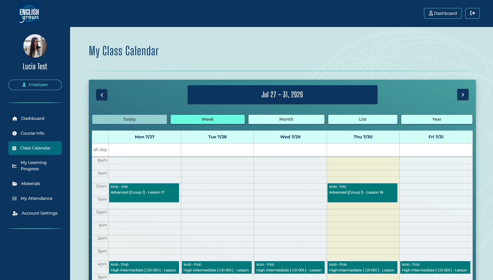 English Grows Learner profile - Class Calendar