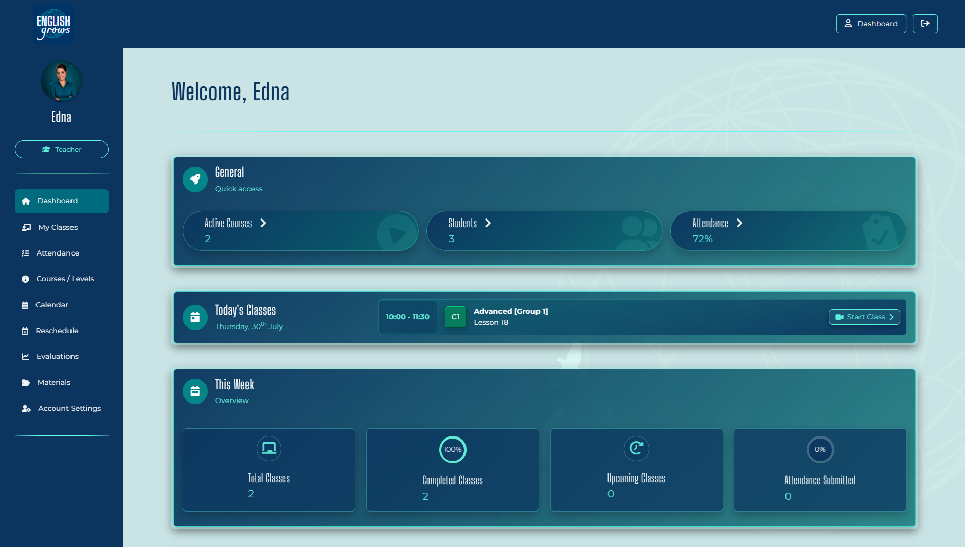 English Grows Teacher profile - Dashboard